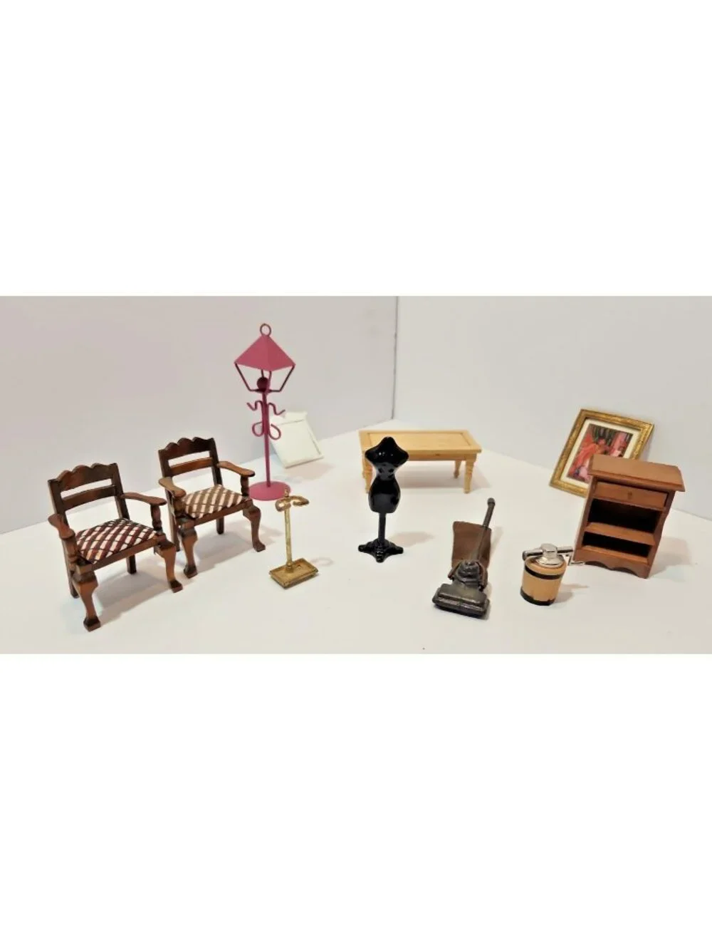 Vtg  Wood Dollhouse Furniture Metal Vacuum Dressmakers Ice Cream Churn...11 Pcs